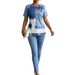 Women's Summer Two Piece Set Faux Denim Print Patchwork round Neck Short Sleeve Tie Dye Top Slim Fit Skinny Pants_ecoleips.com