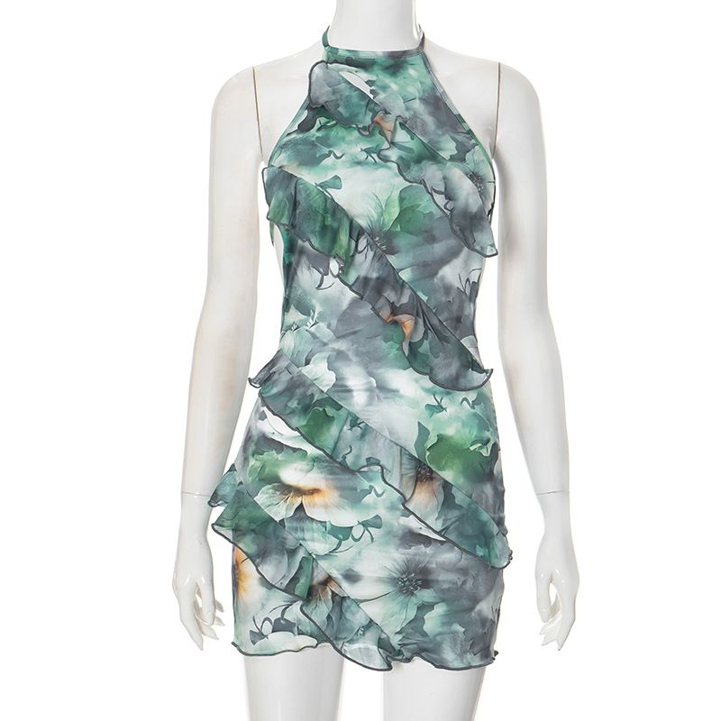 K24DS201 European And American Women's Fashion Summer New Colorful Printed Sleeveless Halter Tie Backless Sexy Dress_ecoleips.com