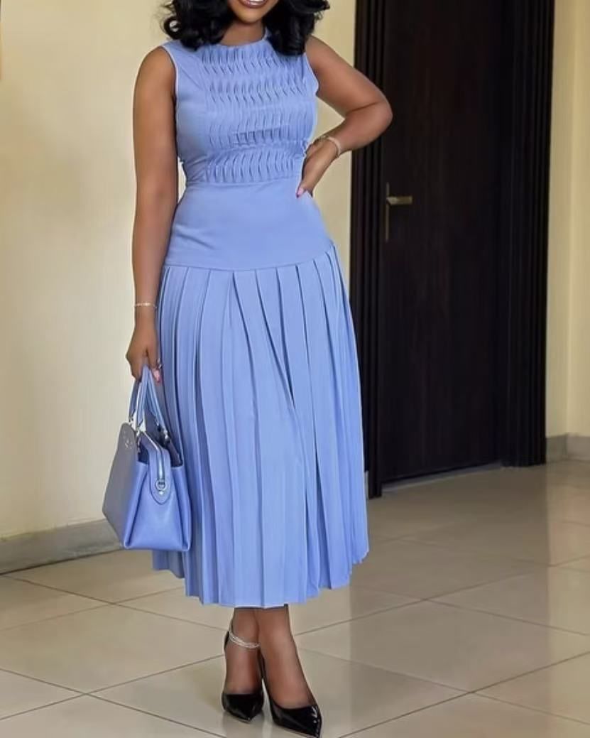 Women's Clothing Summer Fashion High Waist Pleated Slim Fit Long Dress For Women Sleeveless Solid Color For Formal & Casual For Women_ecoleips.com