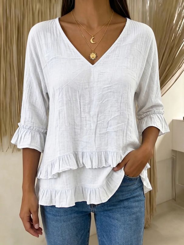 2026 Foreign Trade Independent Station Cross-Border Spring/Summer Women's Short-Sleeve V-Neck Cotton-Linen Solid Color_ecoleips.com