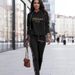 Minimalist Milanese Letter Print Hooded Lazy Suit Light Luxury Loose Fit Pants Set Black S-XXL Women's Clothing_ecoleips.com