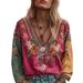 Bohemian Floral Print V-Neck Blouse - Cotton Linen Long Sleeve Tunic Top For Women, Casual Ethnic Embroidered Peasant Shirt_ecoleips.com
