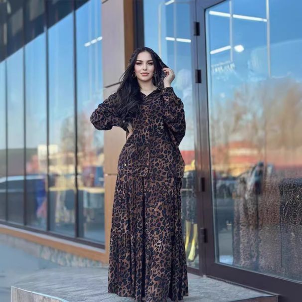 Two Pieces For Women Fashion Hooded Long-sleeve Shirt Leopard Print Pleated Skirt Women's Set_ecoleips.com
