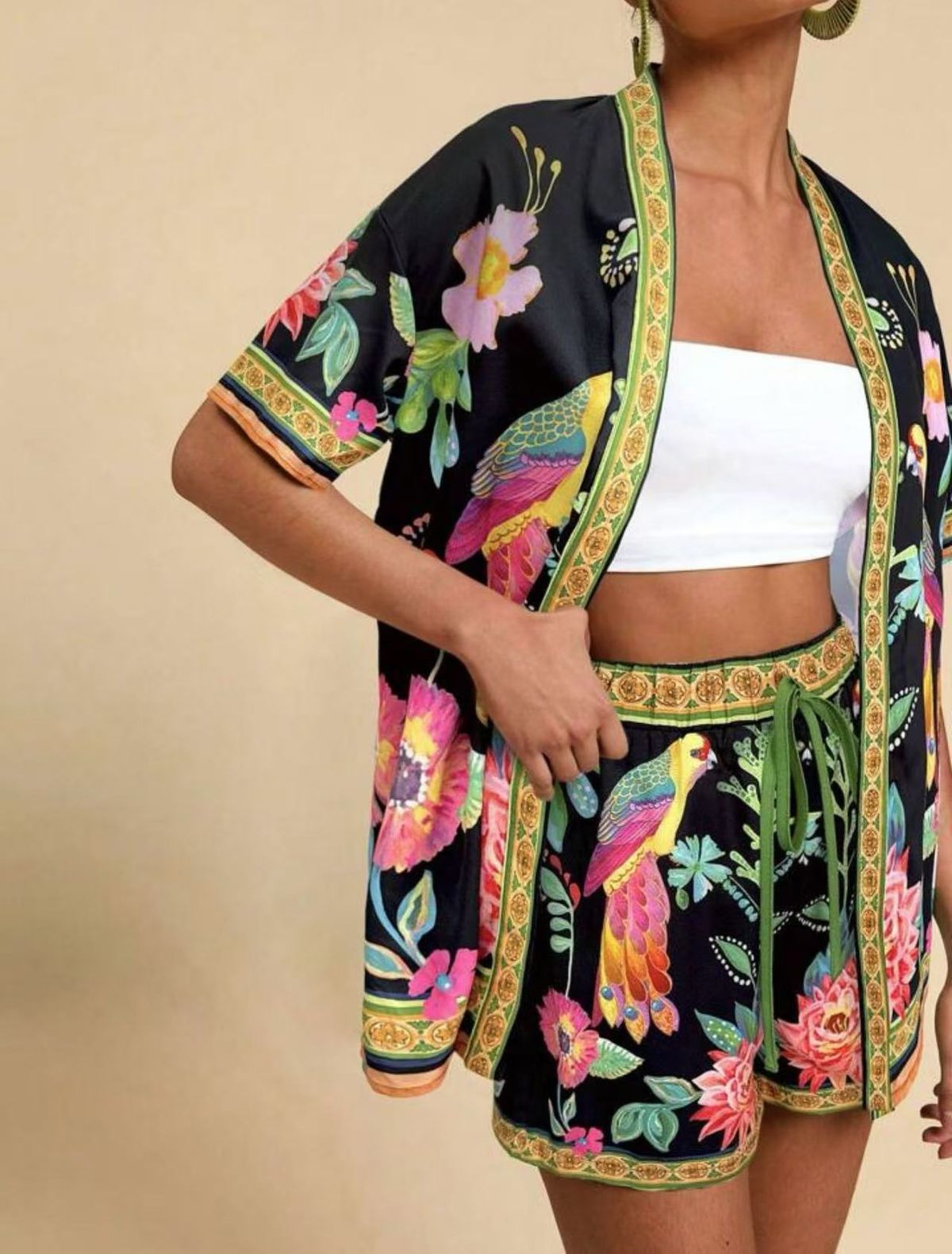 Tropical Print Women's Lounge Set Short Sleeve Button-Up Shirt Elastic Waist Shorts 18 Color Options S-5XL_ecoleips.com
