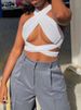 Women Strappy Cross Over Front Cut Out Halter Neck Sleeveless Backless Wrap Crop Top Bandage Vest Summer Sexy Tops Woman Clothes_ecoleips.com