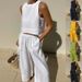 Women's Clothing Casual Loose Solid Color Sleeveless Shirt Trousers Two Piece Suit_ecoleips.com
