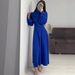 Elegant Wrap Waist Flowy Dress With Puff Sleeves - Long Sleeve Solid Color Midi Dress For Women, Autumn Casual Office Wear_ecoleips.com