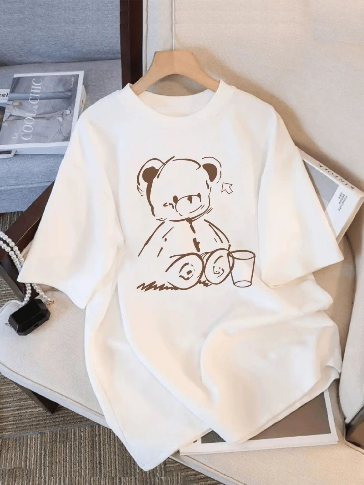 Cute Teddy Bear Print Crew Neck Tops Women's Fit Short Sleeve Cartoon Fashion Coffee Cup Kawaii Women Clothing_ecoleips.com