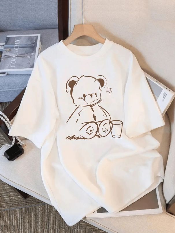 Cute Teddy Bear Print Crew Neck Tops Women's Fit Short Sleeve Cartoon Fashion Coffee Cup Kawaii Women Clothing_ecoleips.com