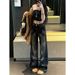 Women's Clothing High-Waisted Wide Leg Straight Jeans Fleece Lined Black Floral Print Rhinestone Detail Floor-Length Autumn/Winter_ecoleips.com