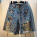 Women's Colorful Rhinestone Beaded Ripped Denim Shorts Street Style Handmade Embellishments Frayed Edges_ecoleips.com