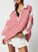 K Casual Versatile Deep V-neck Pullover With Striped Color Blocking Long Sleeved Loose Hoodie Top. No Necklaces Or Other Accessories_ecoleips.com