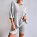 Fashion Casual Solid Color Spring Crew Neck Loose Women's Shorts Set_ecoleips.com