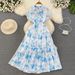 Gentle Long French Retro Style Short Sleeve Turn-Down Collar Waist-Cinching Slimming A-Line Floral Dress Summer_ecoleips.com