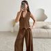 Summer Women's Sleeveless Vest & Pants Set – Office Commuter Outfit, Breathable Polyester Blend, Grey & Brown_ecoleips.com