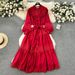 Elegant French-Style Lace Trim Bubble Sleeve Dress With Bow Tie & Peter Pan Collar – Flowy Midi Length For Women_ecoleips.com