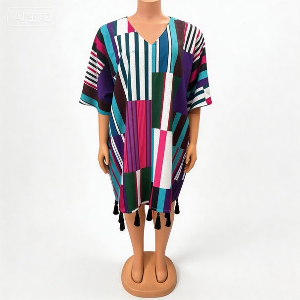 Summer Boho Tassel Dress Oversized Striped Maxi One Size Fits Most Fringe Detail Women's Clothing_ecoleips.com