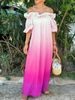 Women's Gradient Color Off-Shoulder Puff Sleeve Dress Backless Loose Fit Elegant Long Skirt for Summer_ecoleips.com
