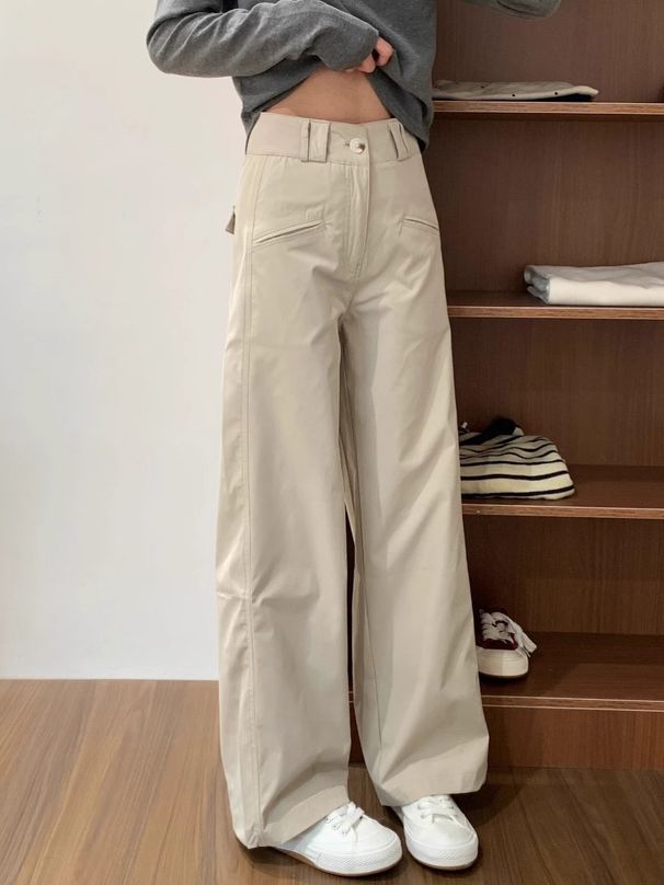 American Khaki Straight Casual Work For Women In Summer, Short And Wide Leg Pants, High Waist Slimming Suit Pants_ecoleips.com