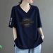 Women's V Neck Short Sleeved T-Shirt Loose Fit Plus Size Slimming Fashionable Printed Top New Summer Style_ecoleips.com