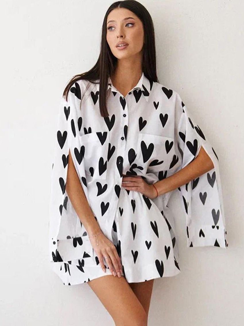 Women's clothing Trade Casual Love Print Elegant Lapel Slit Long Sleeve Suit Pants_ecoleips.com