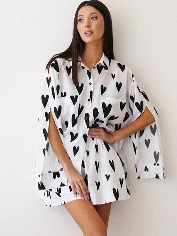 Women's clothing Trade Casual Love Print Elegant Lapel Slit Long Sleeve Suit Pants_ecoleips.com