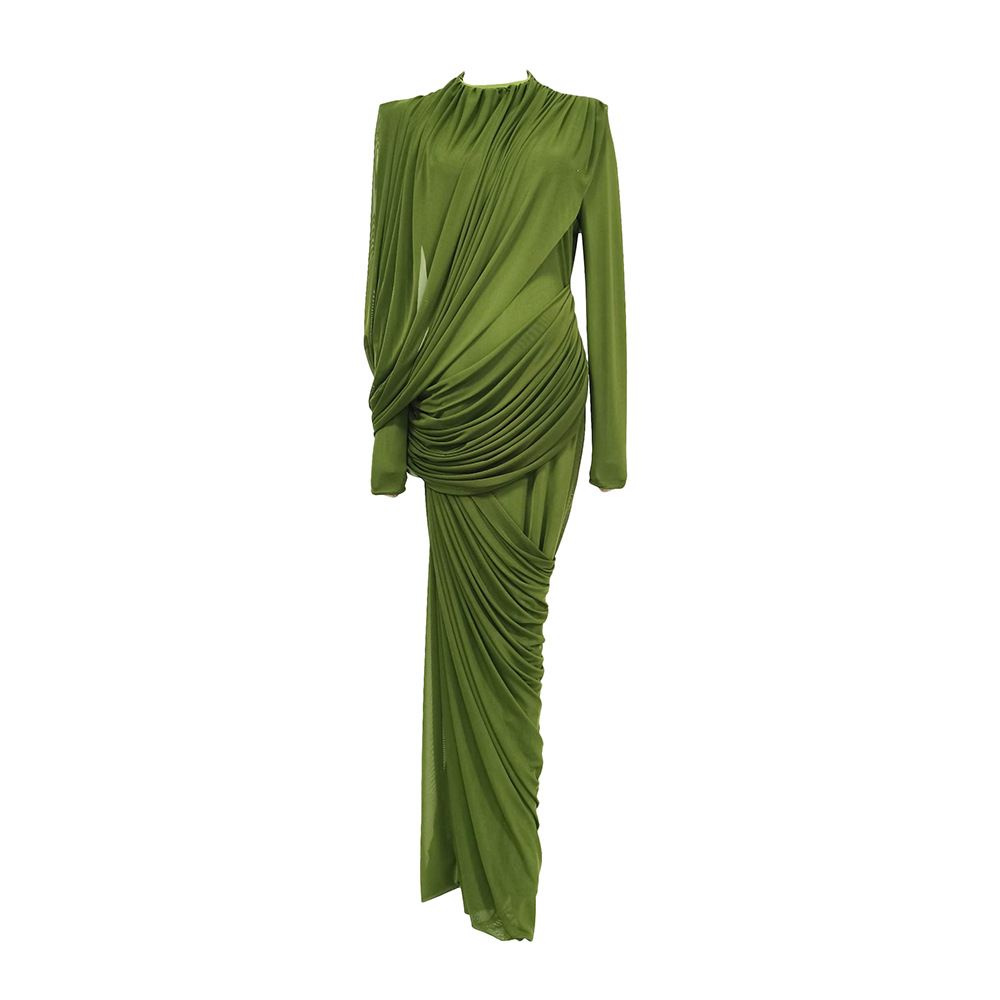 Elegant Retro Style Ruffle Waist-Defining High-Waist Solid Color Round Neck Midi Dress For Women Comfort In Every Move_ecoleips.com