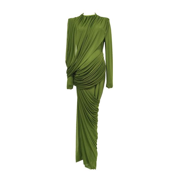 Elegant Retro Style Ruffle Waist-Defining High-Waist Solid Color Round Neck Midi Dress For Women Comfort In Every Move_ecoleips.com