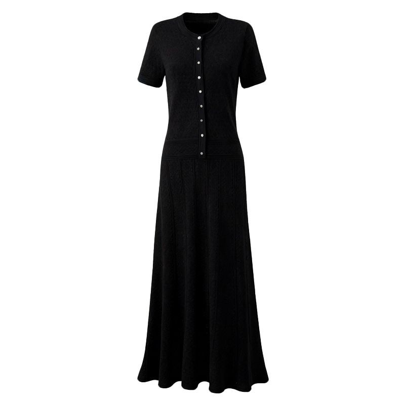 Women's Elegant Black Long Dress New Style Round Neck Sheer Waist Slimming Knit_ecoleips.com