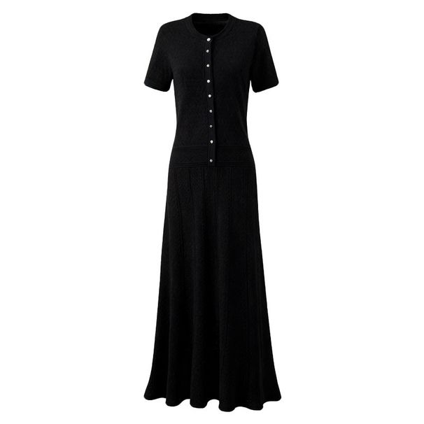 Women's Elegant Black Long Dress New Style Round Neck Sheer Waist Slimming Knit_ecoleips.com