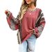 2025 Autumn Winter European And American Women's Casual Shirt Color-Block Striped Round Neck Loose_ecoleips.com