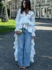 K Uniquely Designed Ruffled Hem With A Drag Down Hem, Women's Shirt With V-neck And Flared Sleeves, Beach Style Top_ecoleips.com