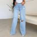 K Women's Jeans Long High Waisted Ripped Edge European And American Style Comfortable Wide Leg Pants_ecoleips.com