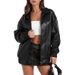Women's PU Leather Jacket With Lapel Collar, Long Sleeve Zip-Up Biker Style Coat With Side Pockets, Slim Fit Casual Outerwear For Urban Commute_ecoleips.com