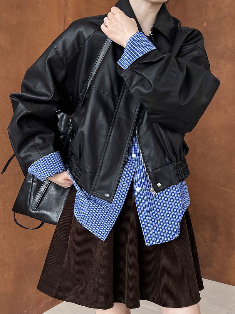 Vintage-Inspired PU Leather Jacket For Women - Short, Loose-Fit Biker Style With Zipper Details, Retro Chic Outerwear_ecoleips.com