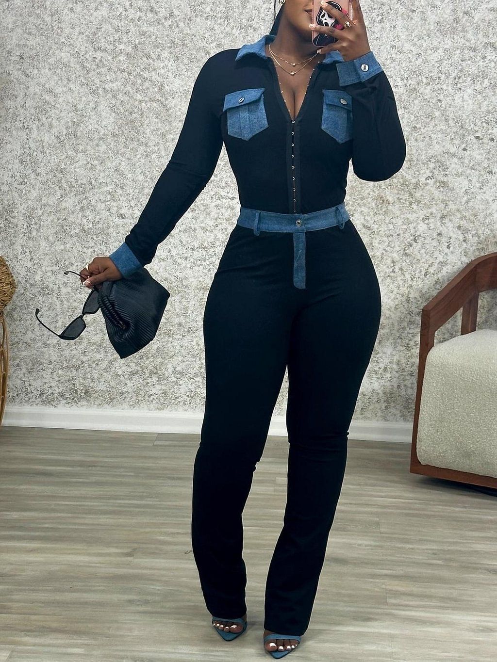 Women’s Clothing Women's Fashion Slim Denim Splicing Multi Breasted Sexy High Waist Suit_ecoleips.com