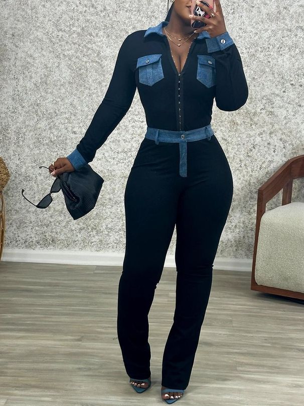 Women’s Clothing Women's Fashion Slim Denim Splicing Multi Breasted Sexy High Waist Suit_ecoleips.com