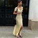 TARUXY Spring Summer Short-Sleeved Knitted Dress Women Solid V-Neck Slit Long Dress Slim Sexy Commuting Leisure Dress Female New_ecoleips.com