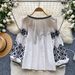 Women's Bohemian Style Tie Waist Blouse Korean Summer Loose Fit Top Heavy Embroidery Lantern Sleeve Slimming Blouse_ecoleips.com