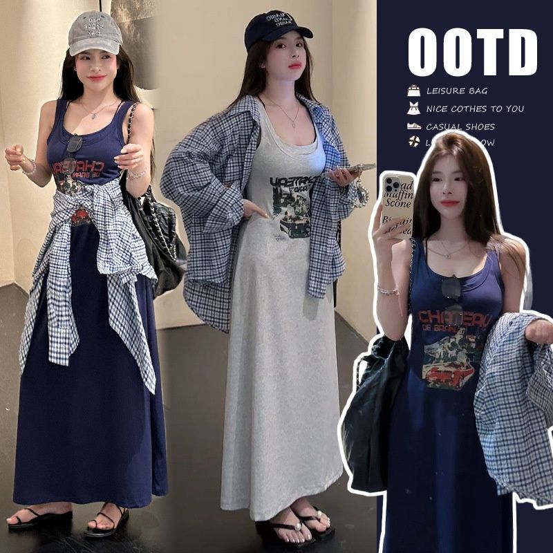 Autumn New Loose Floral Print Vest + Plaid Jacket Shirt Two-Piece Set Maternity Dress_ecoleips.com