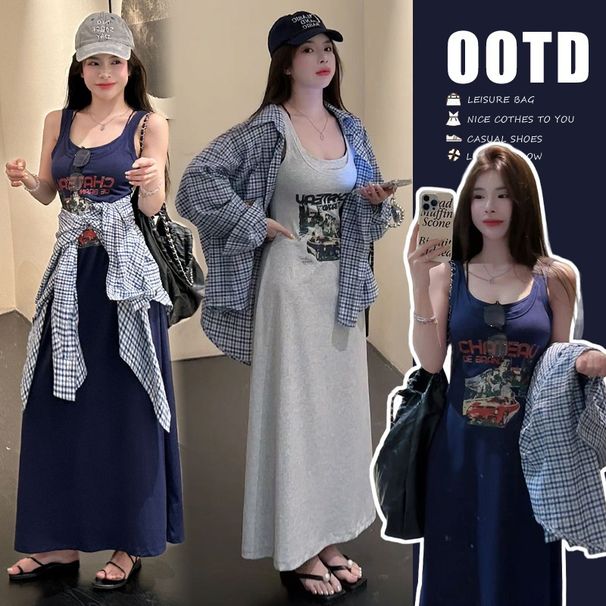 Autumn New Loose Floral Print Vest + Plaid Jacket Shirt Two-Piece Set Maternity Dress_ecoleips.com