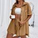 Women's Casual Two-Piece Set Solid Color Shirt And Loose Shorts Short Sleeved Single Row Spot_ecoleips.com