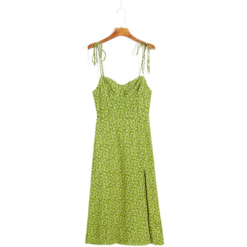 23 Summer New Women's European And American Style Fashionable Slimming Green Floral Split Strap Dress With Shoulder Ties_ecoleips.com
