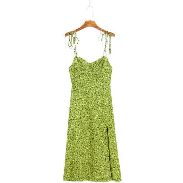 23 Summer New Women's European And American Style Fashionable Slimming Green Floral Split Strap Dress With Shoulder Ties_ecoleips.com