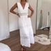 Women's Clothing New Fashion Lace V Neck Temperament Commuting Mid Waist Solid Color Chest Wrap Mid Length Dress_ecoleips.com