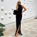 Women Fashion Sexy Round Neck Slim Fit Sleeveless Slit Hem Dress Casual Party Evening Bodycon Dress_ecoleips.com