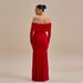 Women's Sexy Off Shoulder Shirred Solid Color Floral Embellished Bodycon Maxi Dress – Elegant Party Gown_ecoleips.com