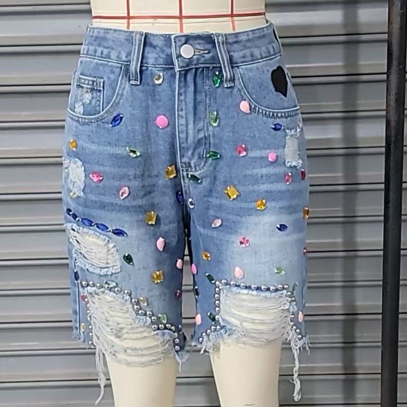 K New Heavy Industry Diamond Studded Nail Bead High Waist Slimming And Perforated Straight Leg Pants Mid Pants_ecoleips.com