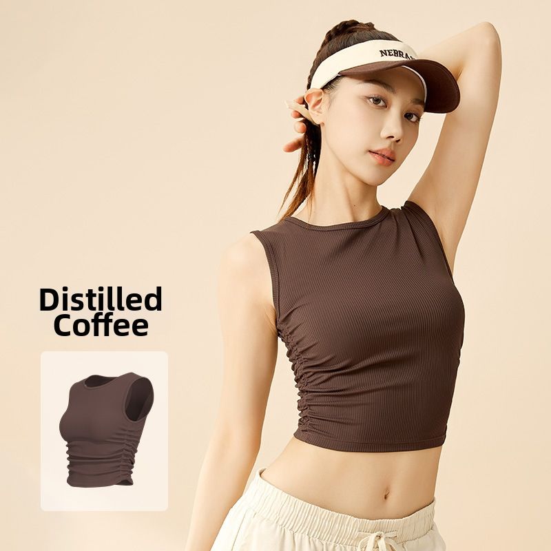 Juyitang Women's Sleeveless Ribbed Ruffled Top Double Sided Slim Fit Yoga Sports Vest New Arrival Summer_ecoleips.com