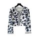 Women's Clothing Elegant Sequin-Trimmed Cropped Jacket – U-Neck Long Sleeve Bling Top (Blue/White, S-XL)_ecoleips.com